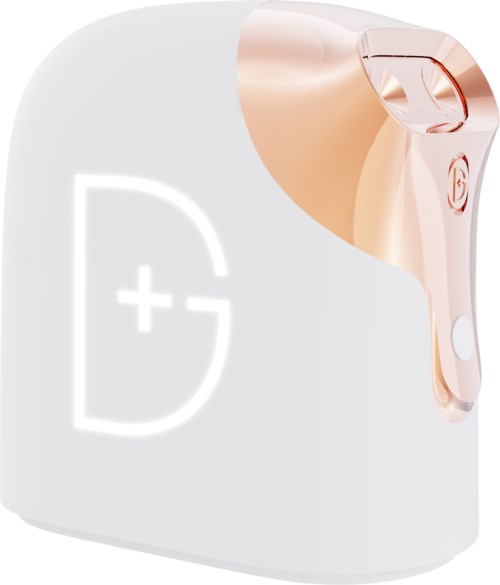 Ein roségoldenes Schönheitsgerät mit Griff und Ladeetui, schlank und modern im Design.