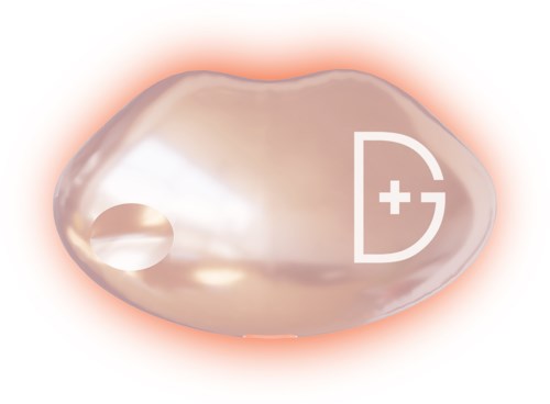 Eine glänzende, glatte Pille mit einem Loch auf der Seite und einem medizinischen Kreuzlogo.