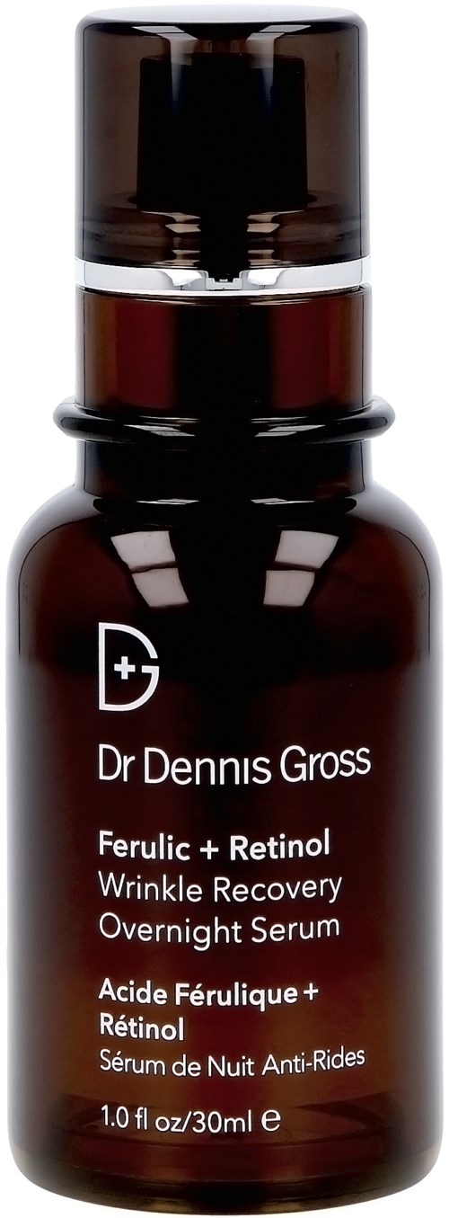 Mørk brun serumflaske med hvit tekst, merket som Dr Dennis Gross Ferulic + Retinol Wrinkle Recovery Overnight Serum.