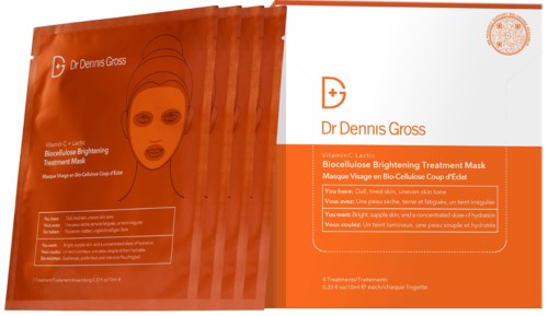 Biocellulose-Aufhellungsbehandlungsmaskenpackung mit orange-weißem Design, enthält eine Gesichtsillustration und Produktdetails.