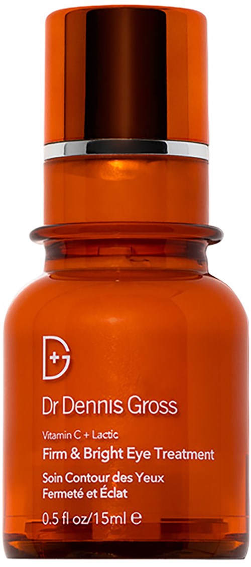 Eine orangefarbene Flasche mit glänzendem Verschluss, beschriftet 'Dr Dennis Gross', für Augenbehandlung, enthält 15 ml.