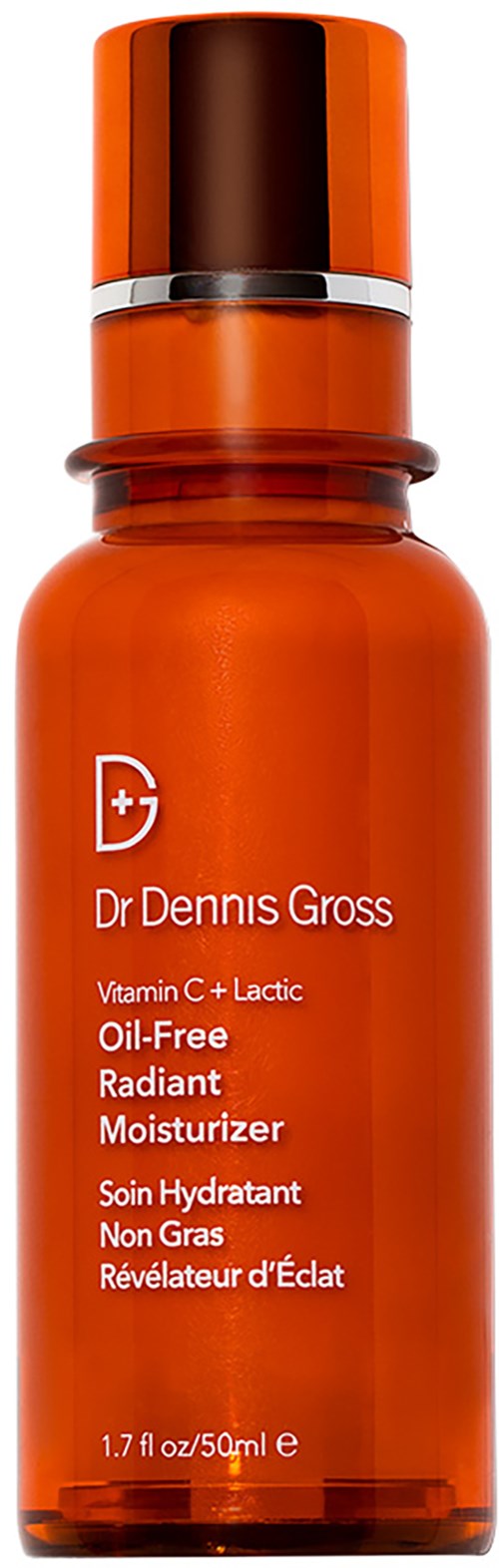 Orange bottle with a pump, labeled Dr Dennis Gross skincare product, mentioning Vitamin C, Lactic acid, and oil-free.
