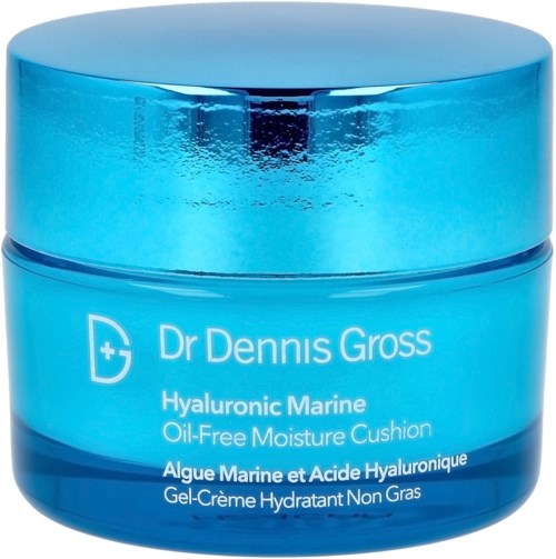 Ein blauer Behälter mit glänzendem Deckel enthält die feuchtigkeitsspendende 'Hyaluronic Marine'-Creme, ölfrei.
