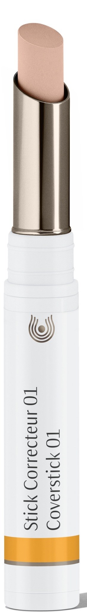 A white makeup stick with a beige tip and a silver section, labeled 'Coverstick 01'.