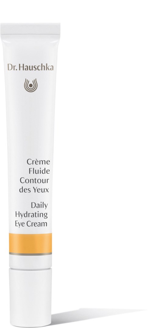 A white tube with gold and gray accents, labeled Dr. Hauschka Daily Hydrating Eye Cream, standing vertically.