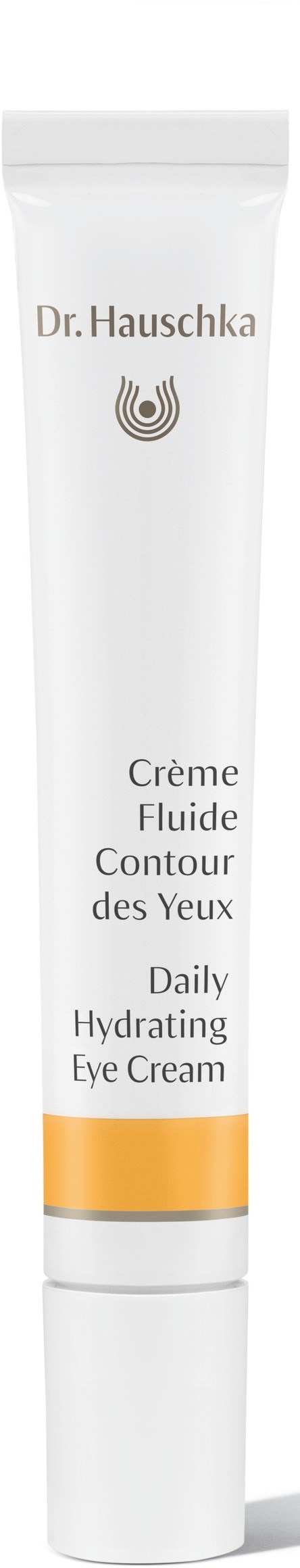 Eine weiße Tube Dr. Hauschka Daily Hydrating Eye Cream mit einem gelben Band am unteren Ende.