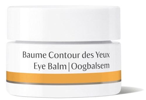 Ein weißer Behälter mit Aufschrift für Augenbalsam, schwarzer und orangefarbener Text und ein Farbstreifen. Es ist ein Kosmetikprodukt.