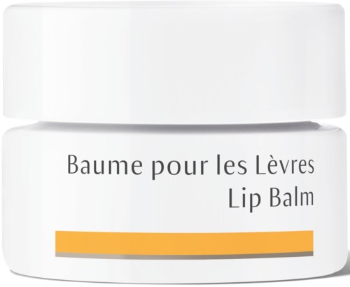 Een witte pot met label 'Lip Balm' en een gele streep, bedoeld voor lipverzorging.