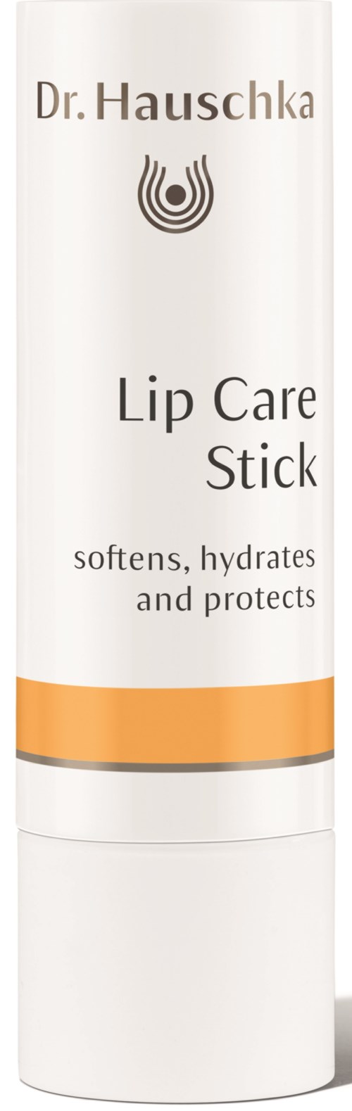 Een witte stick met oranje en grijze strepen, met label 'Dr. Hauschka Lip Care Stick', benadrukt hydraterende en beschermende eigenschappen.