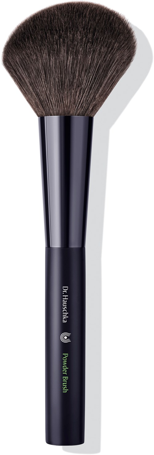 A makeup brush with a black handle and dense, fluffy brown bristles. It is used for applying powder makeup.
