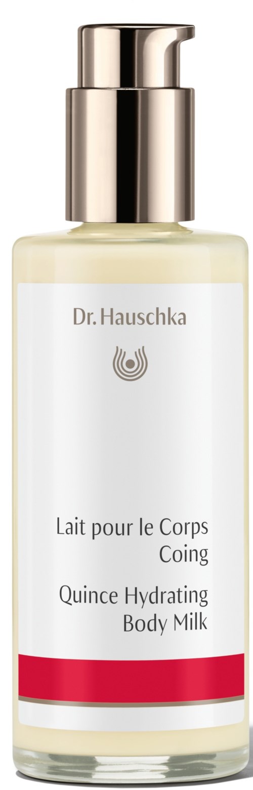 A tall bottle with a silver pump, contains Dr. Hauschka Quince Hydrating Body Milk, mainly white with red stripe.