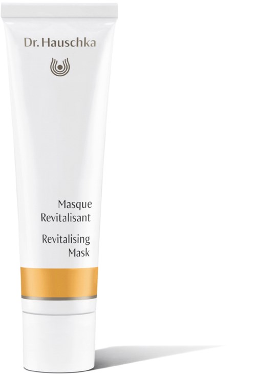 Vit tub med Revitaliserande Mask från Dr. Hauschka med guldfält, enkel design och logga högst upp.