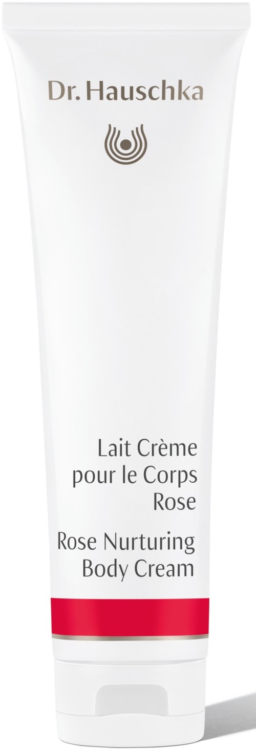 A white tube of Dr. Hauschka Rose Body Cream with a red band near the bottom.