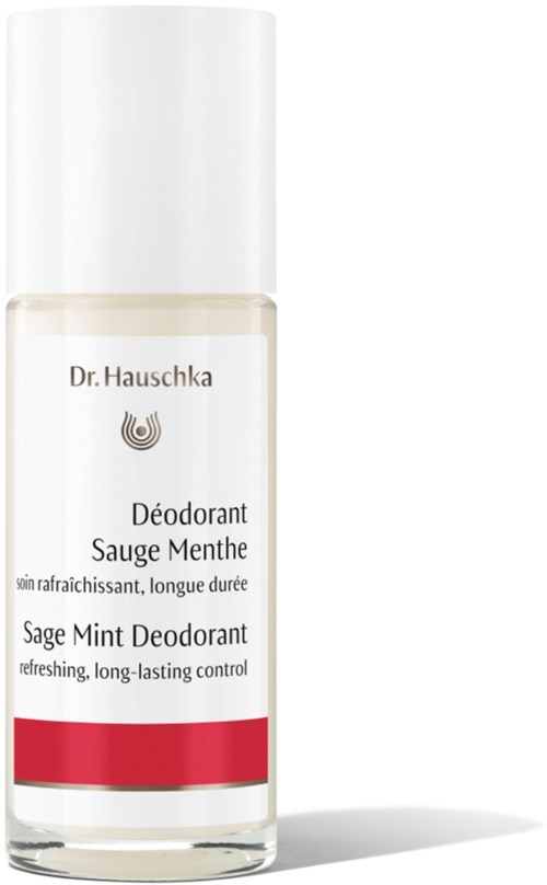En klar flaske med Dr. Hauschka salvie-mynte deodorant med hvit kork og rød stripe, merket som forfriskende og langvarig.