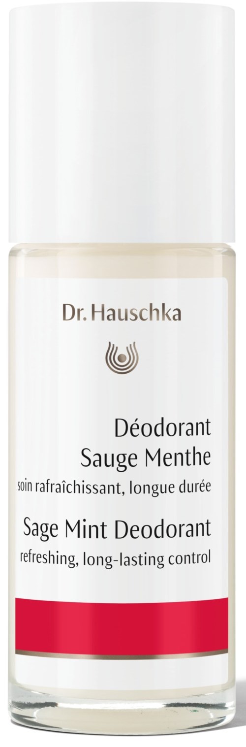 A white bottle with a white cap, labeled Dr. Hauschka Sage Mint Deodorant, with red and black text.