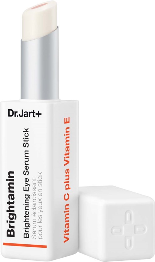 Valkoinen putkilopakkaukse, jossa on korkki, nimeltä Dr. Jart+ Brightening Eye Serum Stick, sisältää C- ja E-vitamiinia.