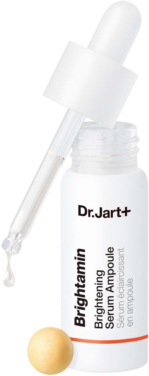 Valkoinen pullo tipparuiskulla ja keltainen pallo alareunassa, nimeltä Dr. Jart+ Brightaming Serum Ampoule.