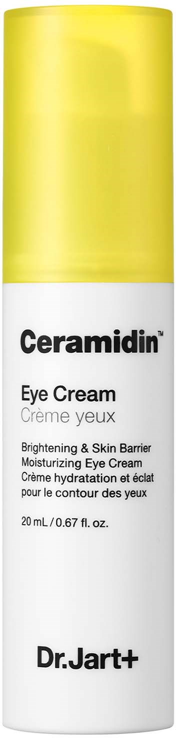 En vit och gul flaska märkt Ceramidin Eye Cream från Dr. Jart+ för ljusning och återfuktning.