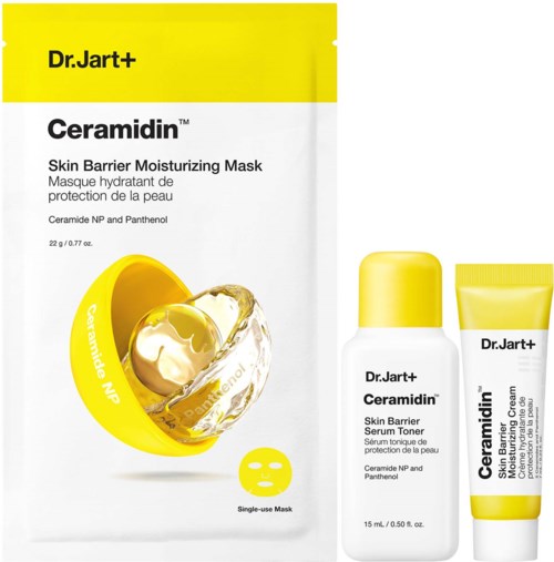 Hautpflege-Set in gelber und weißer Verpackung mit Maske, Toner und Creme für Hautschutz.