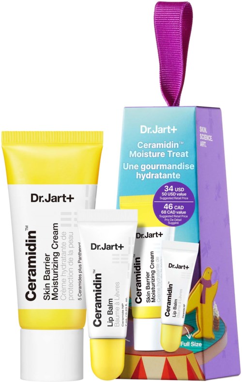 Ein Set Pflegeprodukte mit einem gelben Tub, einer kleinen Tube und einer Verpackung in Lila und Blau.