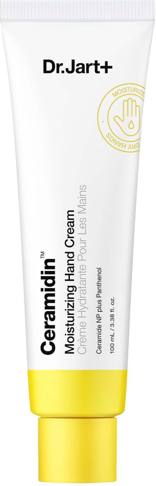 Een witte en gele tube met de tekst 'Dr. Jart+ CeraMidia Moisturizing Hand Cream' en een gouden handpictogram.