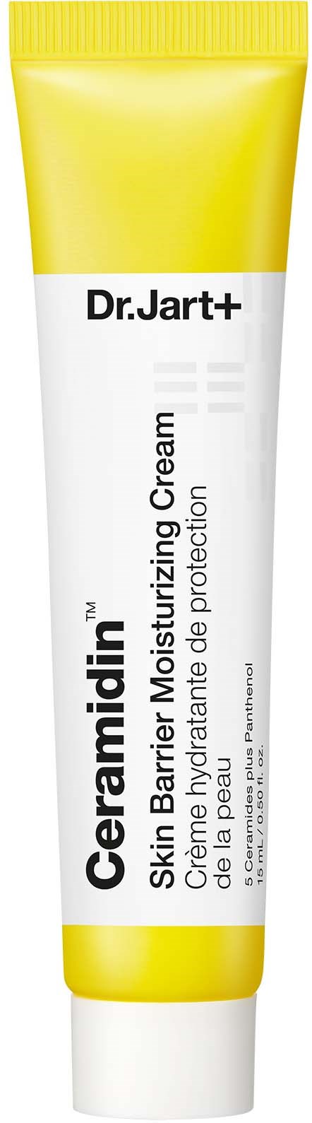 Eine Tube mit Dr. Jart+ Ceramidin Hautbarriere Feuchtigkeitscreme mit gelber und weißer Verpackung.