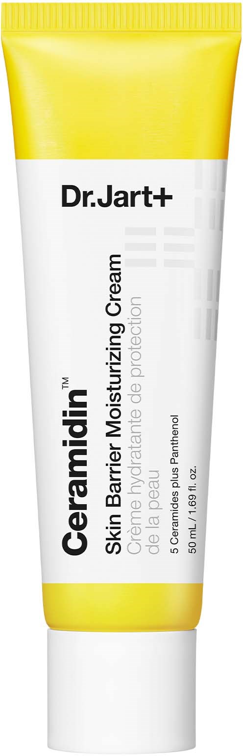 Een gele en witte tube van Dr. Jart+ Ceramidin Skin Barrier Moisturizing Cream.