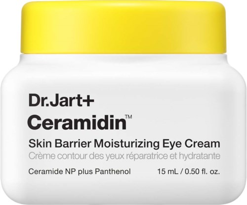 A white jar with a yellow lid labeled 'Dr. Jart+ Ceramidin' for eye cream, mentioning skin barrier and moisturizing effects.