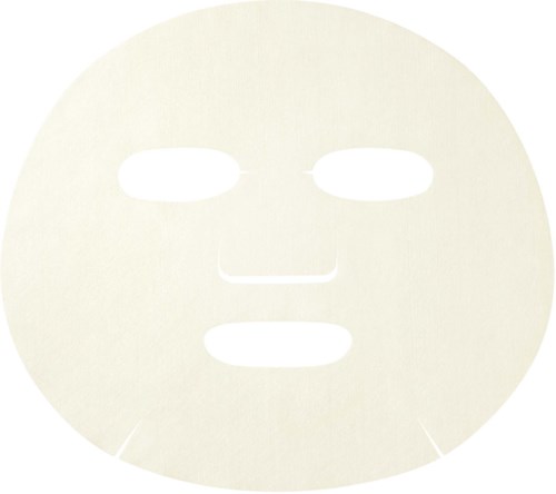 Een wit gezichtsmasker met openingen voor ogen, neus en mond, gebruikt voor huidverzorging of cosmetica.