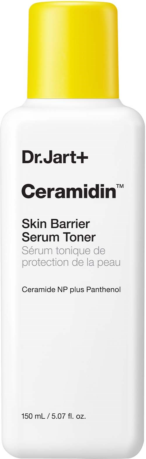 En vit flaska med gul topp märkt som Dr. Jart+ Ceramidin hudbarriär serum toner.