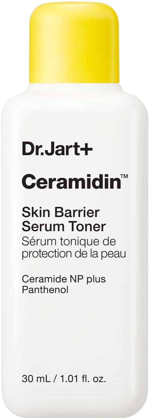 En vit flaska med gul topp, märkt Dr. Jart+ Ceramidin, en hudbarriär toner med skönhetsfördelar.