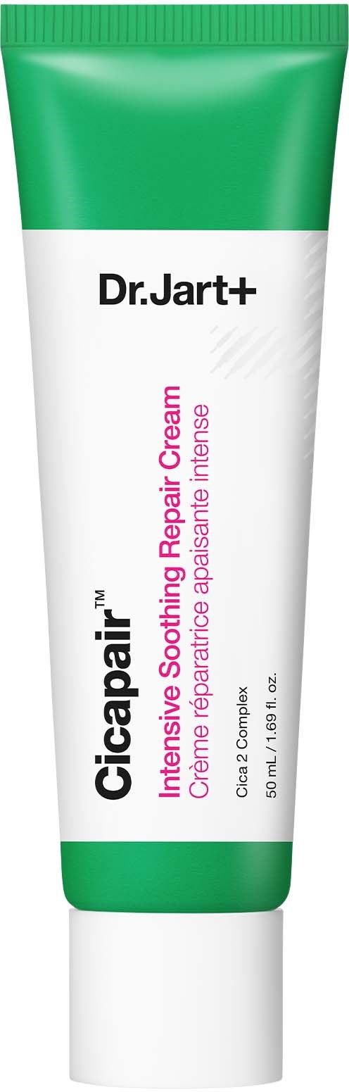 En tub med Dr. Jart+ Cicapair Soothing Repair Cream, grön och vit, för intensiv hudreparation.