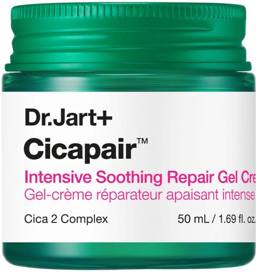 En grön burk med Dr. Jart+ Cicapair-sgel för lugnande hudreparation, innehåller Cica 2 Complex, 50 ml.