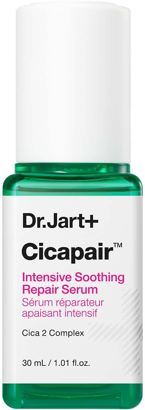 En liten grön och vit flaska märkt Dr. Jart+ Cicapair, med rosa och svart text, som innehåller serum.