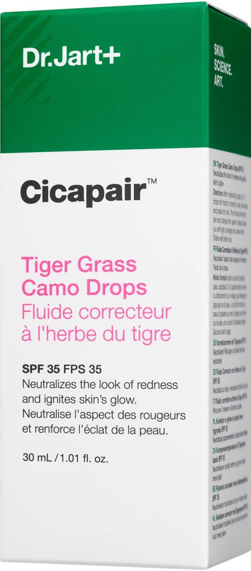 Medicinförpackning märkt Cicapair för tigergräs camo drops, SPF 35, 30 mL, hjälper mot rodnad och hudglans.