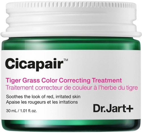 Een groene pot van Dr. Jart+ Cicapair met roze en zwarte tekst, voor roodheid en irritatie.