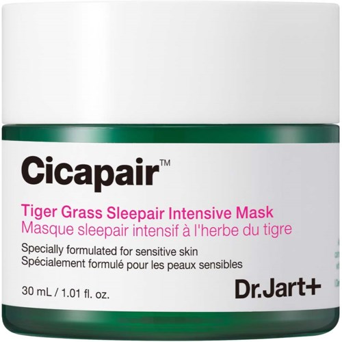 En vit burk med en grön rand, märkt Cicapair Tiger Grass Sleepair Mask för känslig hud, 30 mL, av Dr. Jart+.