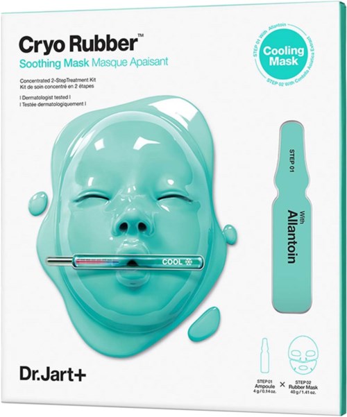 En box visar Cryo Rubber med lugnande Allantoin, avsett för hudvård, med en leende ansiktsmaskillustration.