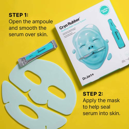 En kallande mask med ett ansiktsfoto, en termometer och produktdetaljer på förpackningen.