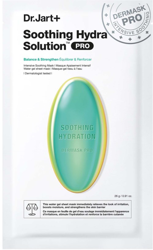 Ett hudvårdsprodukter paket märkt Dr. Jart+ Soothing Hydra Solution PRO, med en bild av gel i grönt och blått, och produktinformation.
