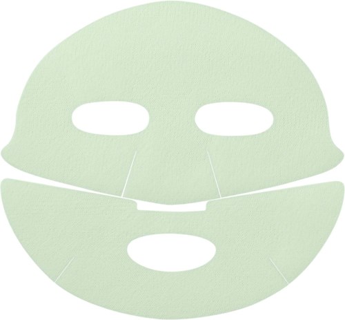 Eine hellgrüne Gesichtsmaske mit Ausschnitten für Augen, Nase und Mund, sieht aus wie eine Gesichtsmaske.