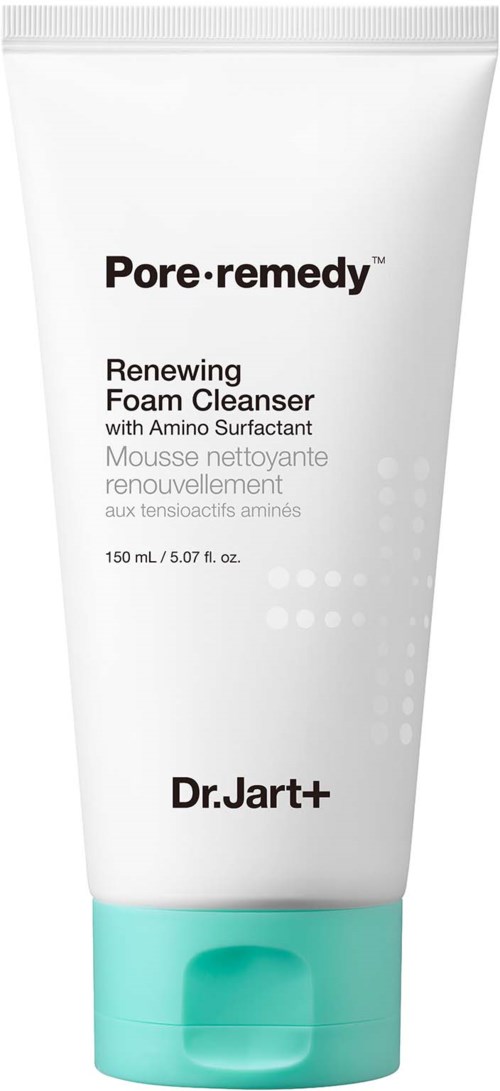 Een witte tube met een turquoise deksel, met label 'Pore-remedy', voor de huidreiniging, bevat schuim met amino surfactant van Dr. Jart+.