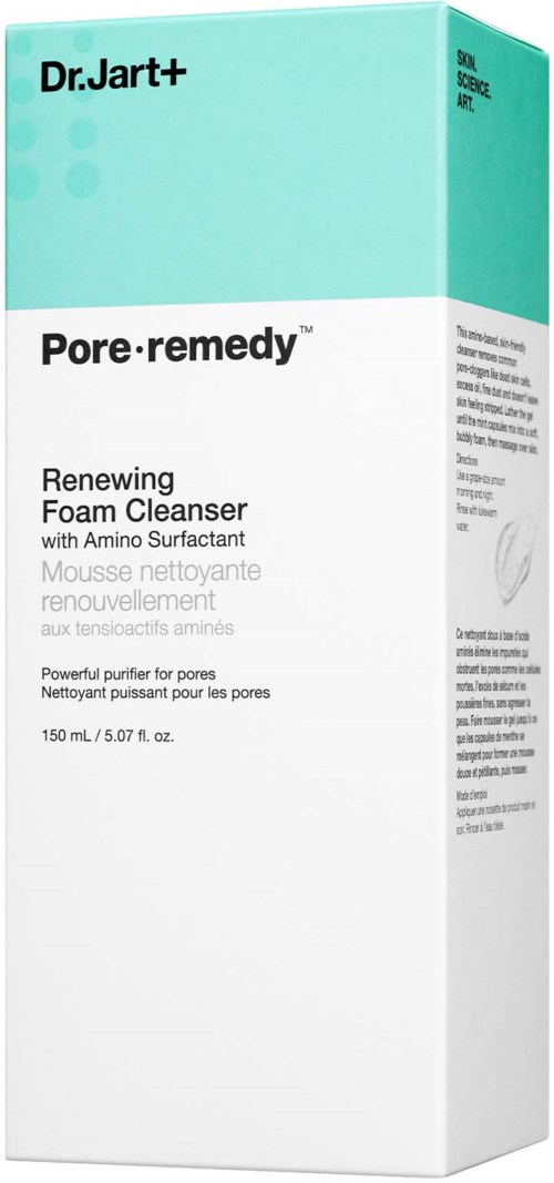 Een doos van Dr. Jart+ Pore-remedy zeep met groen en wit ontwerp. Noemt vernieuwend schuim met amino surfactant.