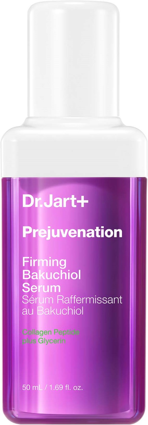 En lila serumflaska märkt 'Dr. Jart+ Prejuvation Firming Bakuchiol Serum' med ingredienserna kollagen och glycerin.