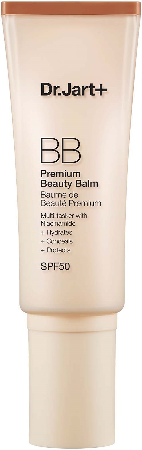 Een tube Dr. Jart+ BB Premium Beauty Balm met SPF 50, gelabeld als hydraterend, bedekkend en beschermend.