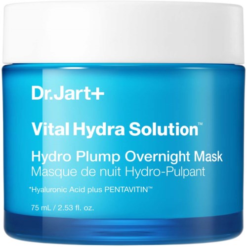 Ein blauer Behälter mit Dr. Jart+ Vital Hydra Solution Hydro Plump Overnight Mask und weißem Deckel.