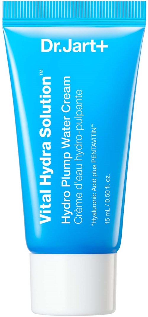 Sininen putki Dr. Jart+ Vital Hydra Solution Hydro Plump Water Cream. Sisältää ihonhoitotuotteen tiedot valkoisella tekstillä.