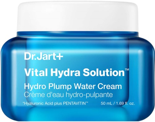 Sininen purkki, jossa on Dr. Jart+ Vital Hydra Solution kerma ja valkoinen kansi, nimeltä hydro plump water cream.
