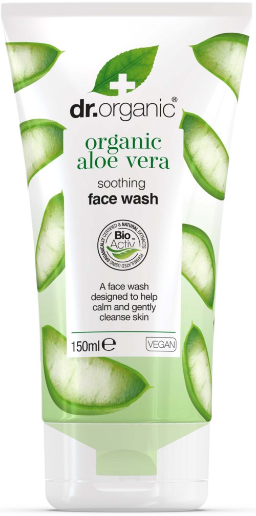Een tube gezichtswas met biologische aloë vera, kalmerend, geschikt voor een kalme huid, 150 ml, veganistisch.