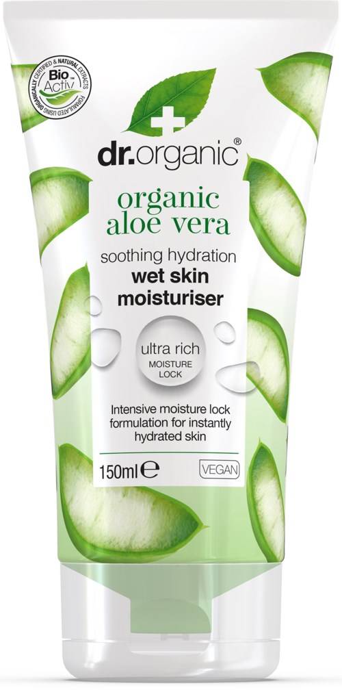 A tube of Dr. Organic Aloe Vera moisturizer for dry, wet skin, with a green and white design and aloe illustrations.